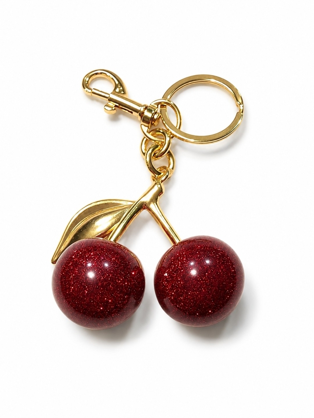 Gold Cherry Keychain with Glitter Red Charms